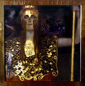 Pallas Athene oder Die Hoffnung (1898); die Gttin der Weisheit, der Strategie, aber auch des Kampfes war das Symbol fr die Wiener Secession und die Abkehr von der zeitgenssischen Kunst in sterreich (herausgestreckte Zunge der Medea auf dem Brustschild).