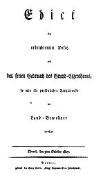 Edict, den erleichterten Besitz  und den freien Gebrauch des Grund-Eigenthums so wie die persnlichen Verhltnisse  der Land-Bevlkerung betreffend.