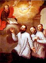 Paulus überreicht Antonius und seinen beiden Gefährten Giacomo Antonio Morigia und Bartolomeo Ferrari die Ordensregel